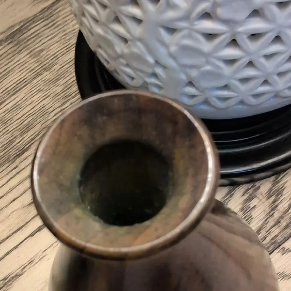 Hand Crafted Elegant Brown Wooden Vase With Green Accents